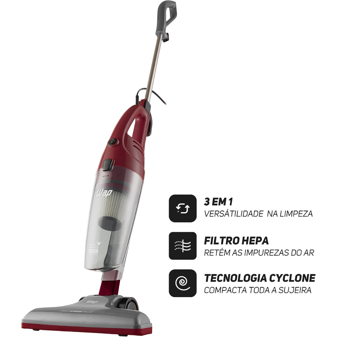 Aspirador de Pó Vertical HIGH SPEED PLUS 3 em 1, Compacto, 1,2 Litros, com Extensor Removível, 134mbar 1350W