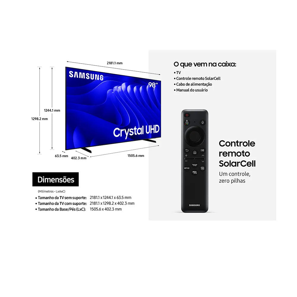 Samsung Smart TV 98" LED Super Big 4K 98DU9000, Crystal UHD 4K, 120Hz