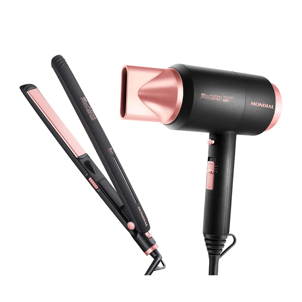 Kit Secador e Prancha Mondial, Tourmaline Íon, Protect Care e Chapas Flutuantes, Preto/Golden Rose