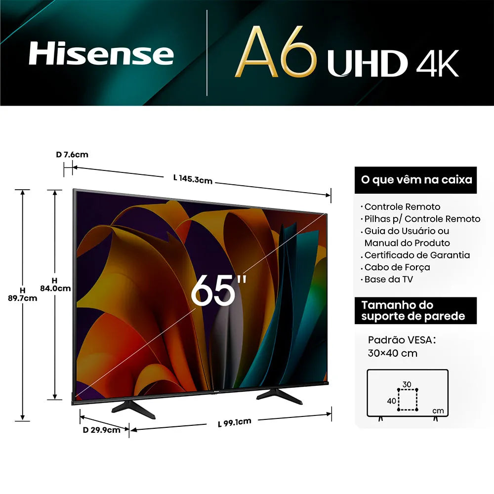 Smart TV 4K DLED 65" Hisense , Plataforma Inteligente VIDAA U9, 65A6NV