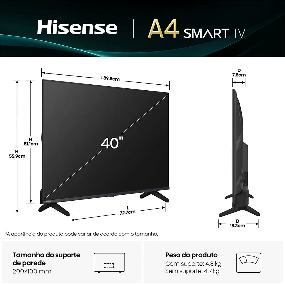 Smart TV Hisense 40" DLED Full HD, 40A4NV