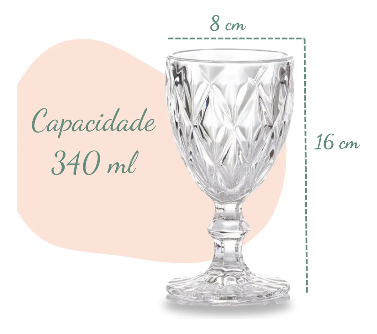 Jogo 6 taça Diamante Vidro 340 ml + Jarra