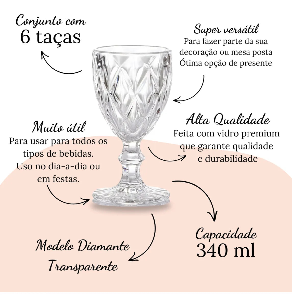 Jogo 6 taça Diamante Vidro 340 ml + Jarra