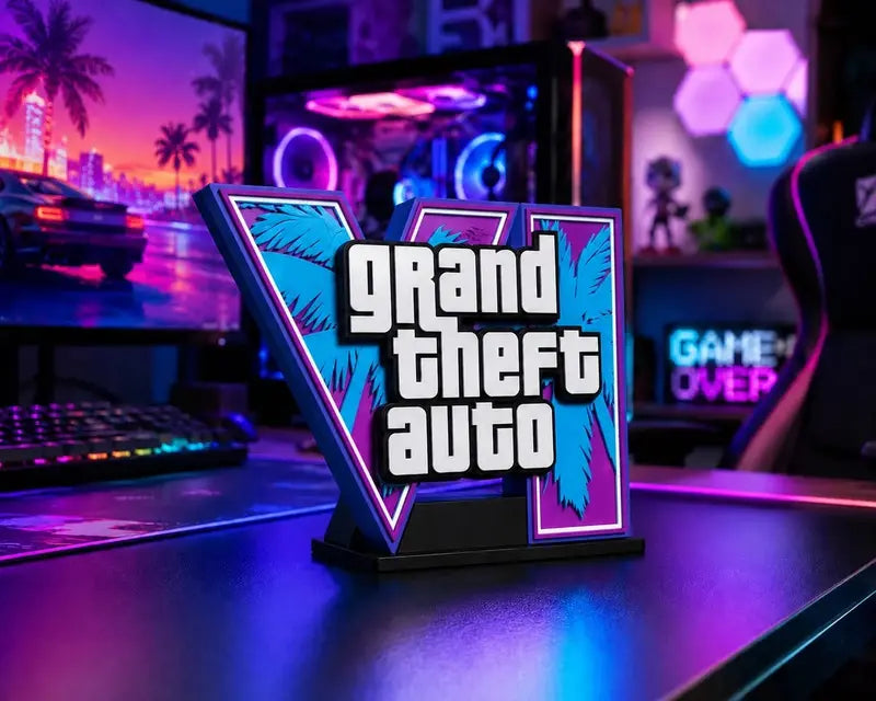 Placa Decorativa Grand Theft Auto GTA VI – Enfeite Gamer 3D para Setup, Quarto e Escritório