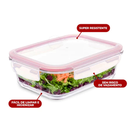 5 Potes Vidro Herméticos 1500ml Retangular Hermético 4 Travas Marmita Premium