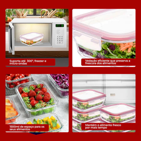 5 Potes Vidro Herméticos 1500ml Retangular Hermético 4 Travas Marmita Premium