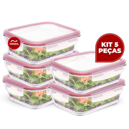 5 Potes Vidro Herméticos 1500ml Retangular Hermético 4 Travas Marmita Premium