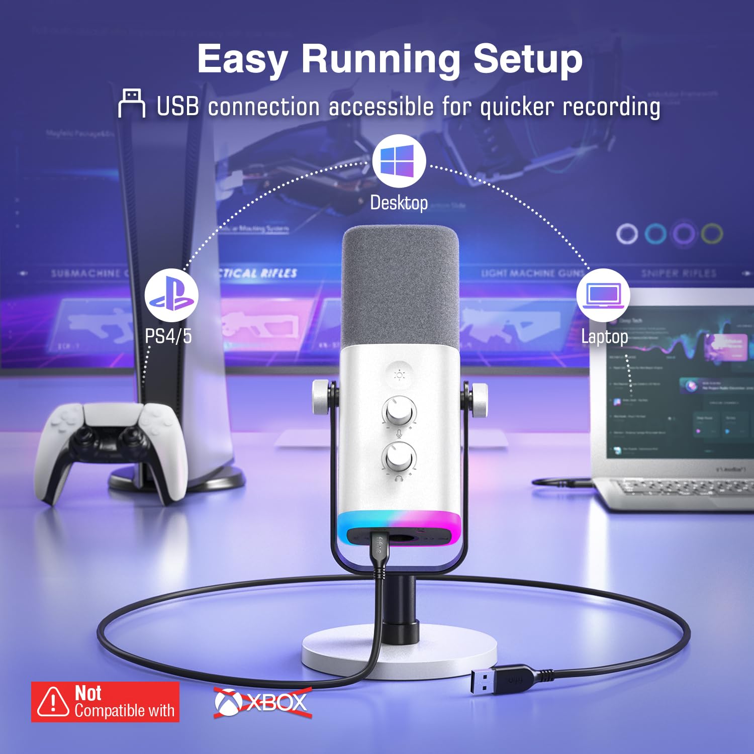 FIFINE Microfone para jogos XLR/USB para podcasting, microfone RGB
