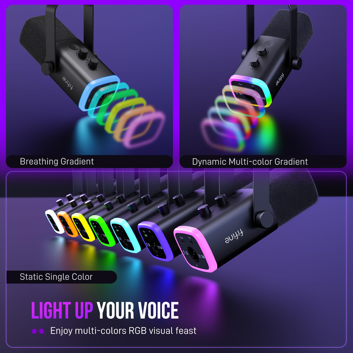 FIFINE Microfone para jogos XLR/USB para podcasting, microfone RGB