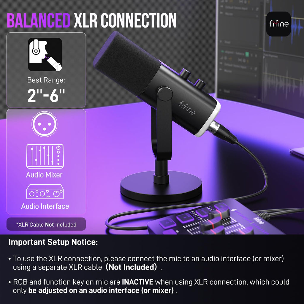 FIFINE Microfone para jogos XLR/USB para podcasting, microfone RGB