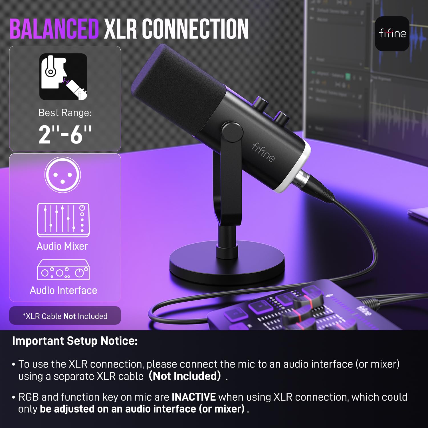 FIFINE Microfone para jogos XLR/USB para podcasting, microfone RGB