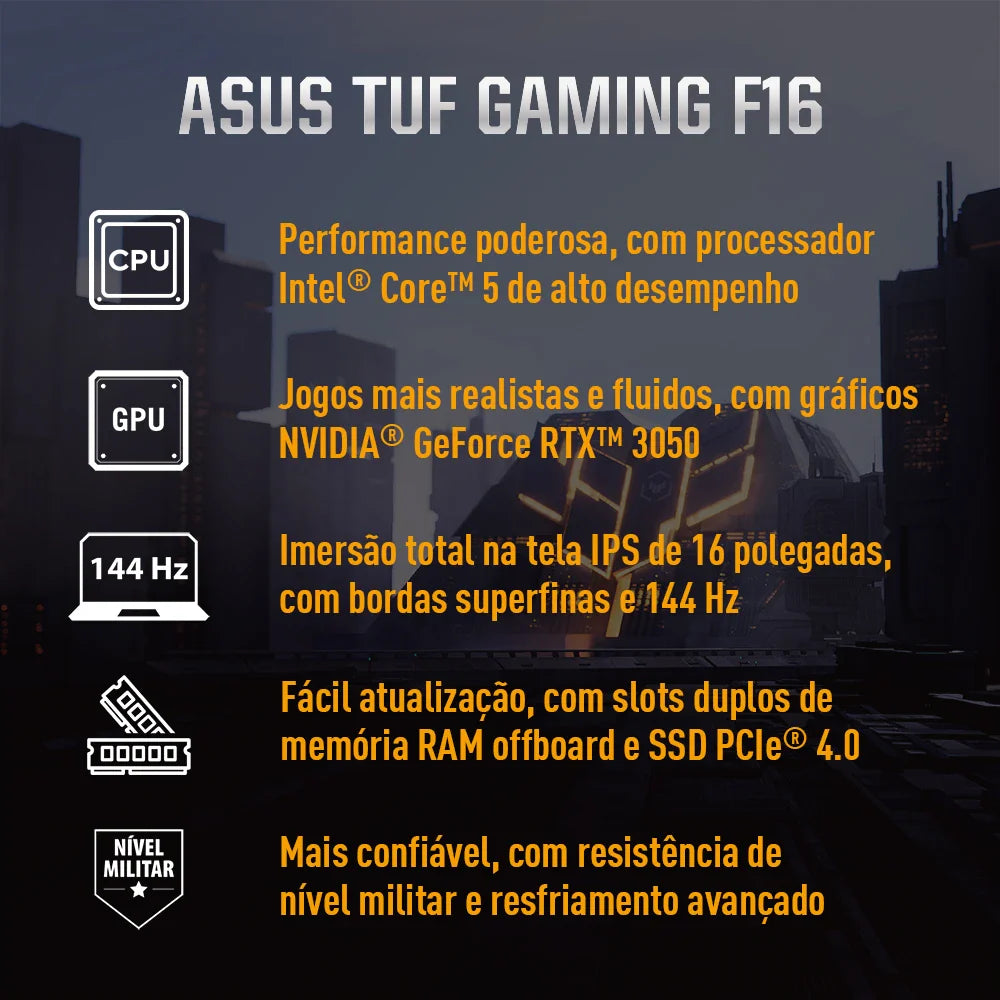 Notebook ASUS TUF Gaming F16, Intel Core 5, NVIDIA RTX™ 3050, 16GB, 512GB SSD, Windows 11 Home, 16" LED FHD+, Mecha Gray